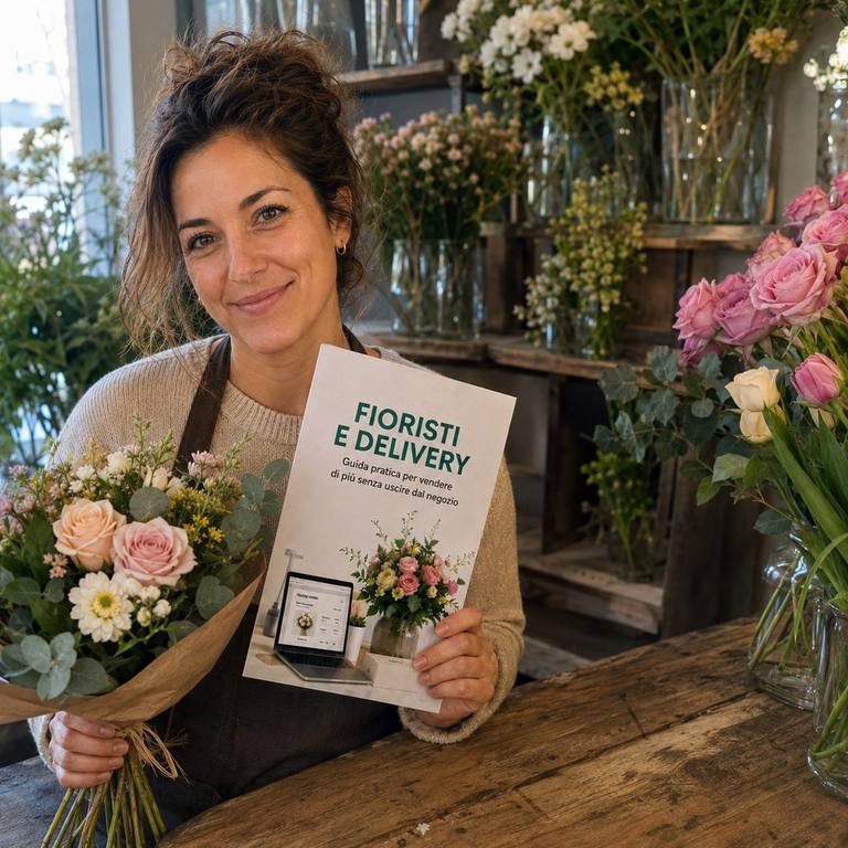 Fiorista nel suo negozio con un bouquet e la guida VADO al delivery